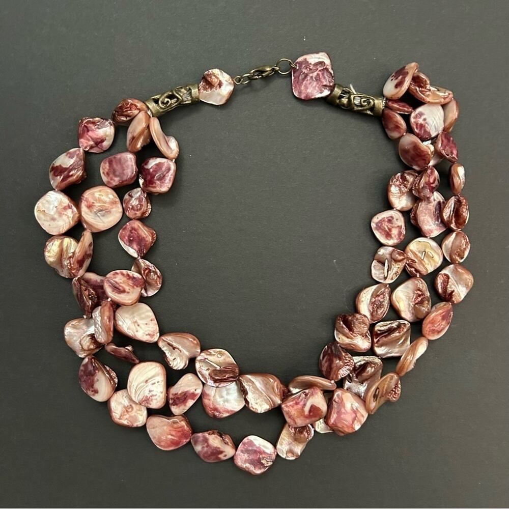 Mauve-y Purple Triple Strand Shell Necklace withh Bronze Toned Hardware, 19”
